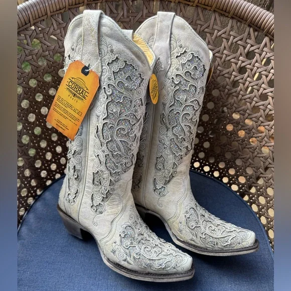 CORRAL WOMEN'S WHITE GLITTER INLAY WESTERN BOOTS 7.5 - Picture 1 of 7
